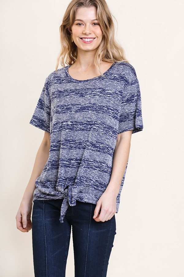 Umgee Womens Short Sleeve Round Neck Tonal Striped Top, Blue