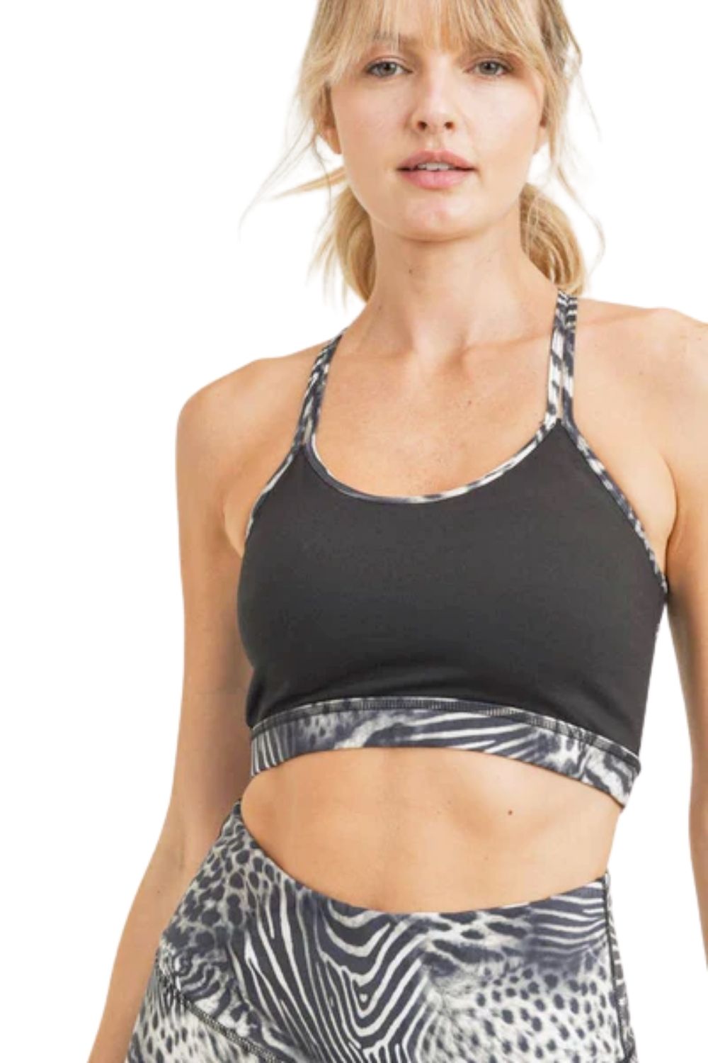 Mono B Womens Block X-Back Sports Bra, Black Safari Print