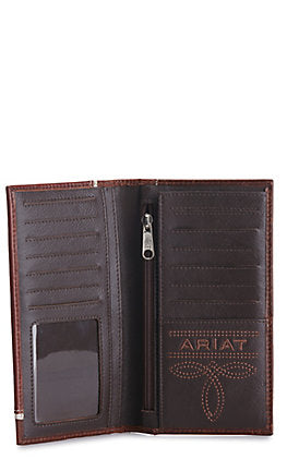 Ariat Mens Overlay Leather Embossed Shield Logo Rodeo Checkbook Wallet, Brown