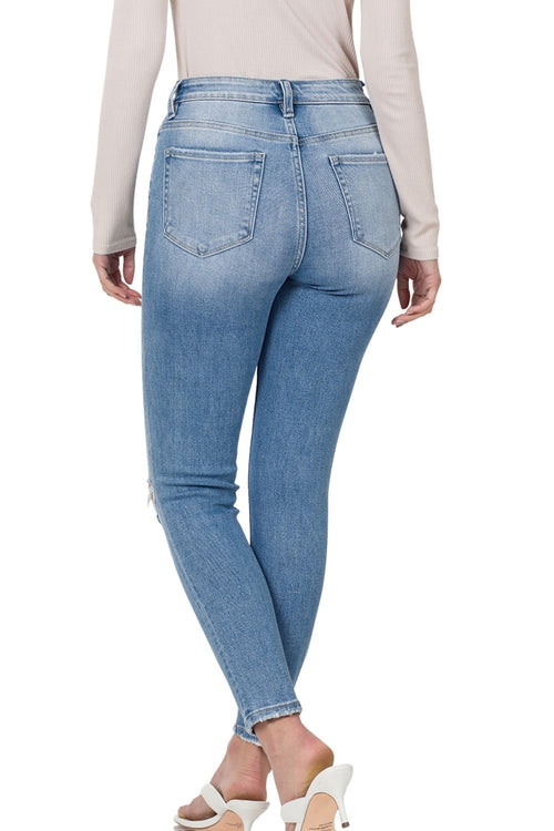 Zenana Womens High Rise Cropped Distressed Denim Skinny Jeans