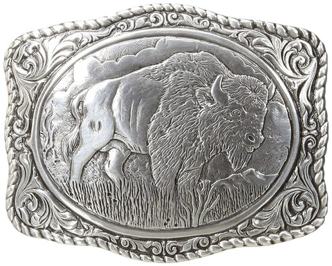 Crumrine Mens Western Bison Scalloped Belt Buckle (Silver)