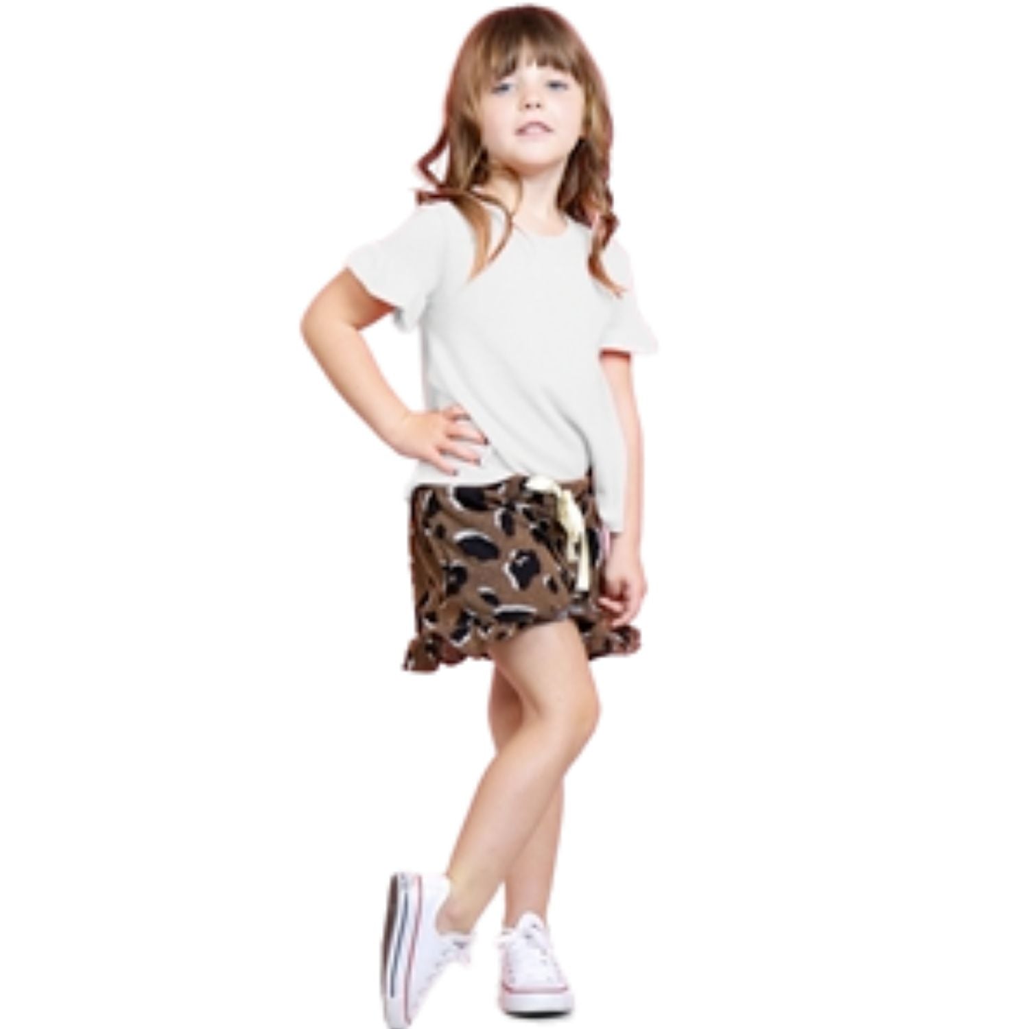 Girls Off White Ruffle Sleeve Top and Leopard Print Short Set