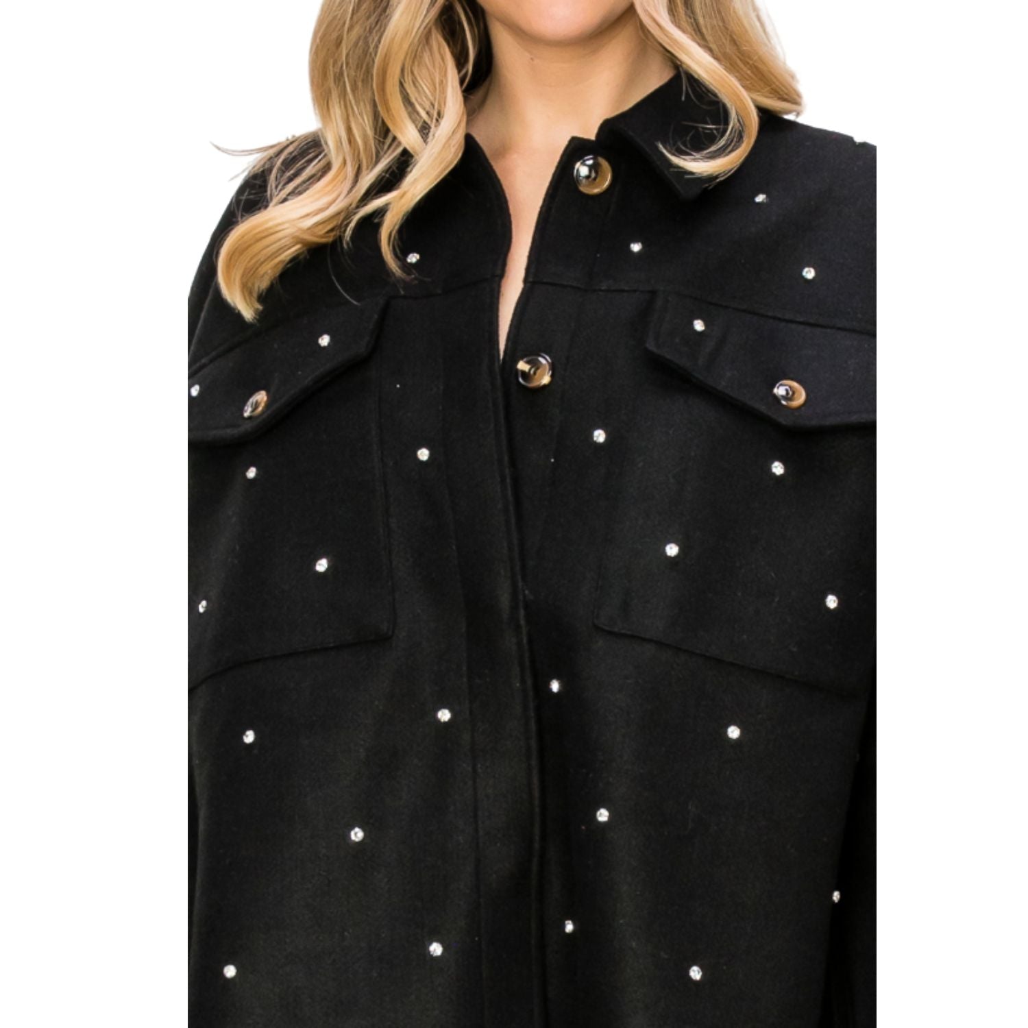 Vocal Apparel Womens All Over Rhinestone Stud Shacket