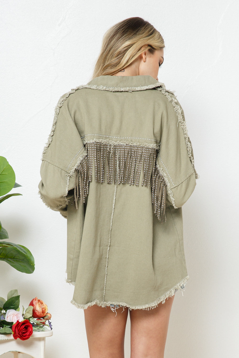 Blue B Womens Studded Fringe Denim Jacket, Shacket