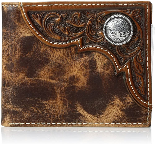 Ariat Mens Distressed Corner Over Circle Leather Concho Bifold Wallet