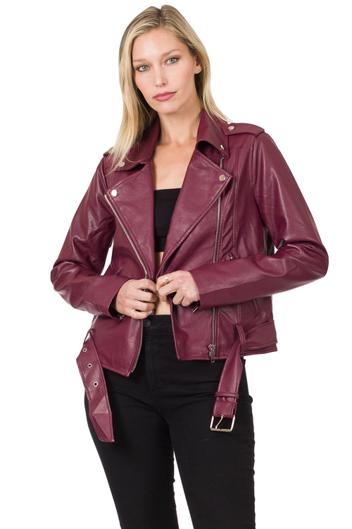 Zenana Womens Vegan Leather Belted Moto Jacket