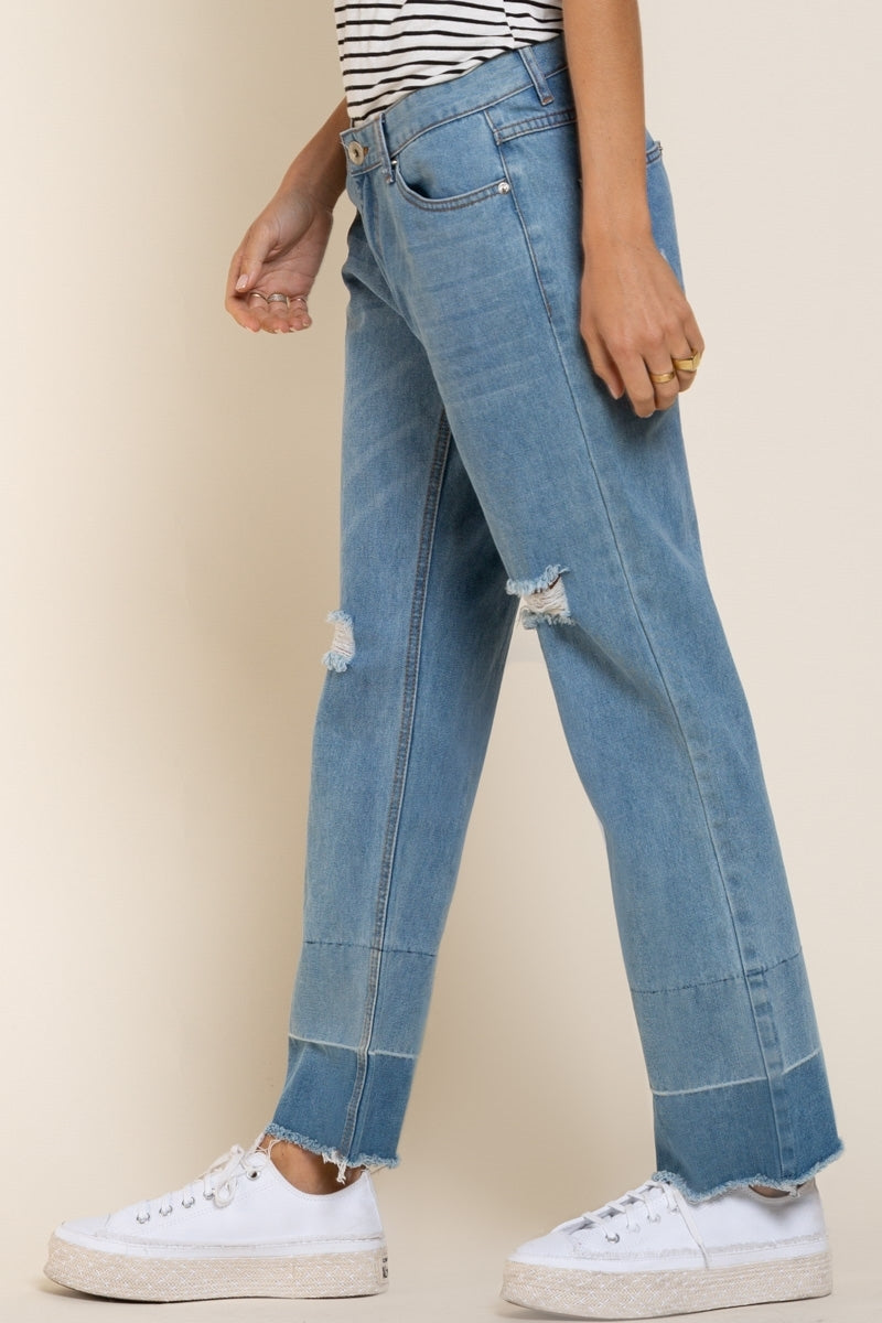 POL Clothing Womens Wide Leg Distressed Denim Jeans