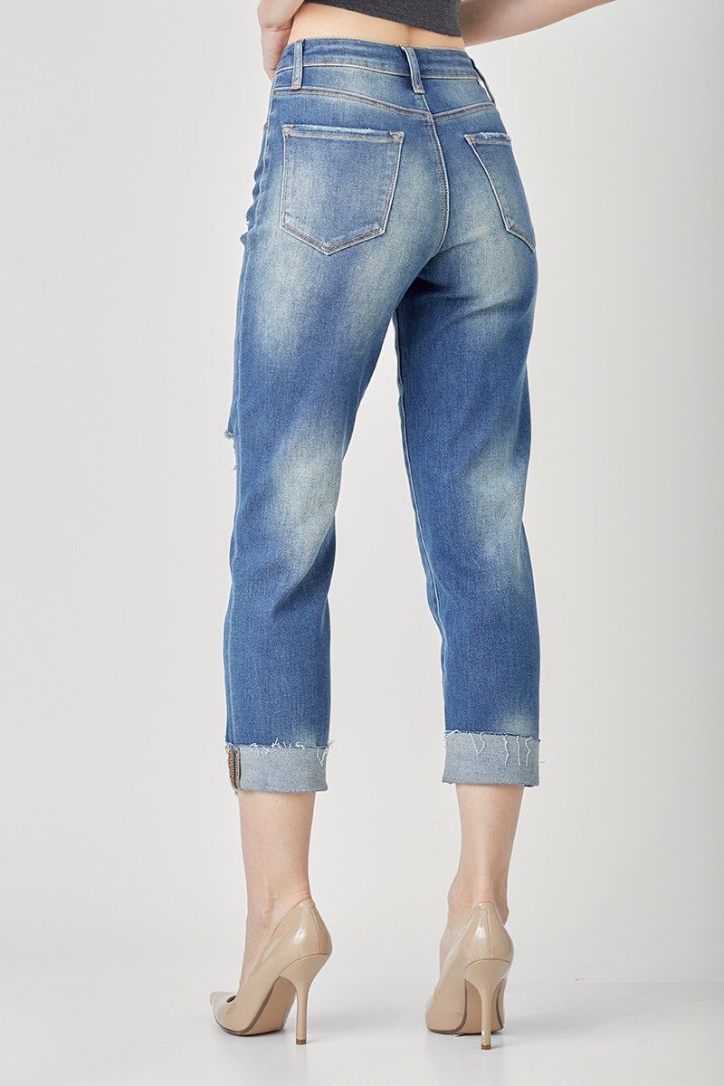 Risen Jeans Womens High Rise Boyfriend Distressed Denim Cuffed Jeans