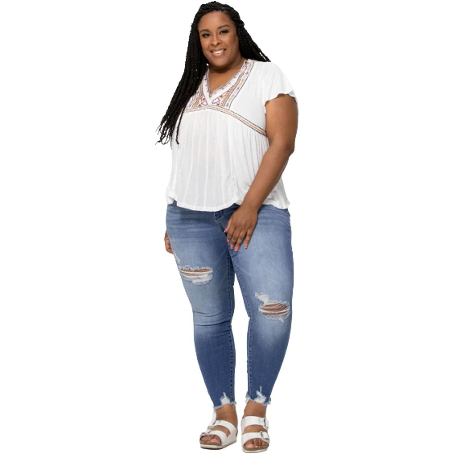 Judy Blue Womens Plus Size Irene Destroyed Hem Skinny Jeans, Medium Blue