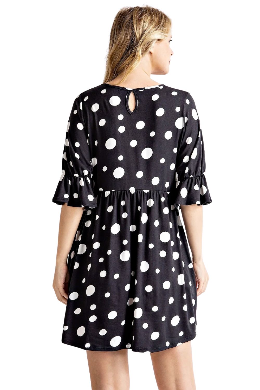 Rae Mode Womens Keyhole Back Ruffle Puff Sleeve Polka Dot Dress, Black/Ivory