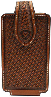 Ariat Unisex Leather Embossed Basket Weave Belt Clip Cell Phone Case, Brown
