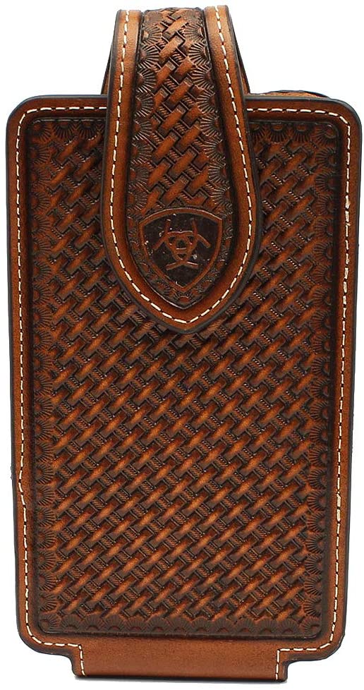Ariat Unisex Leather Embossed Basket Weave Belt Clip Cell Phone Case, Brown