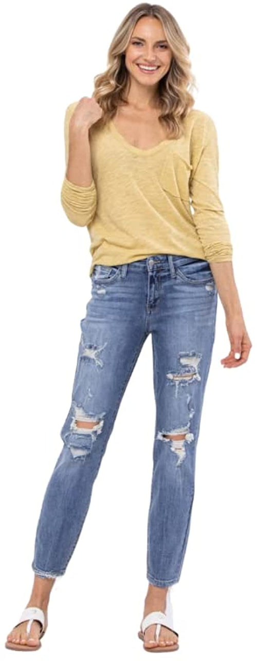 Judy Blue Womens Mid-Rise Destroyed Boyfriend Fit Jeans