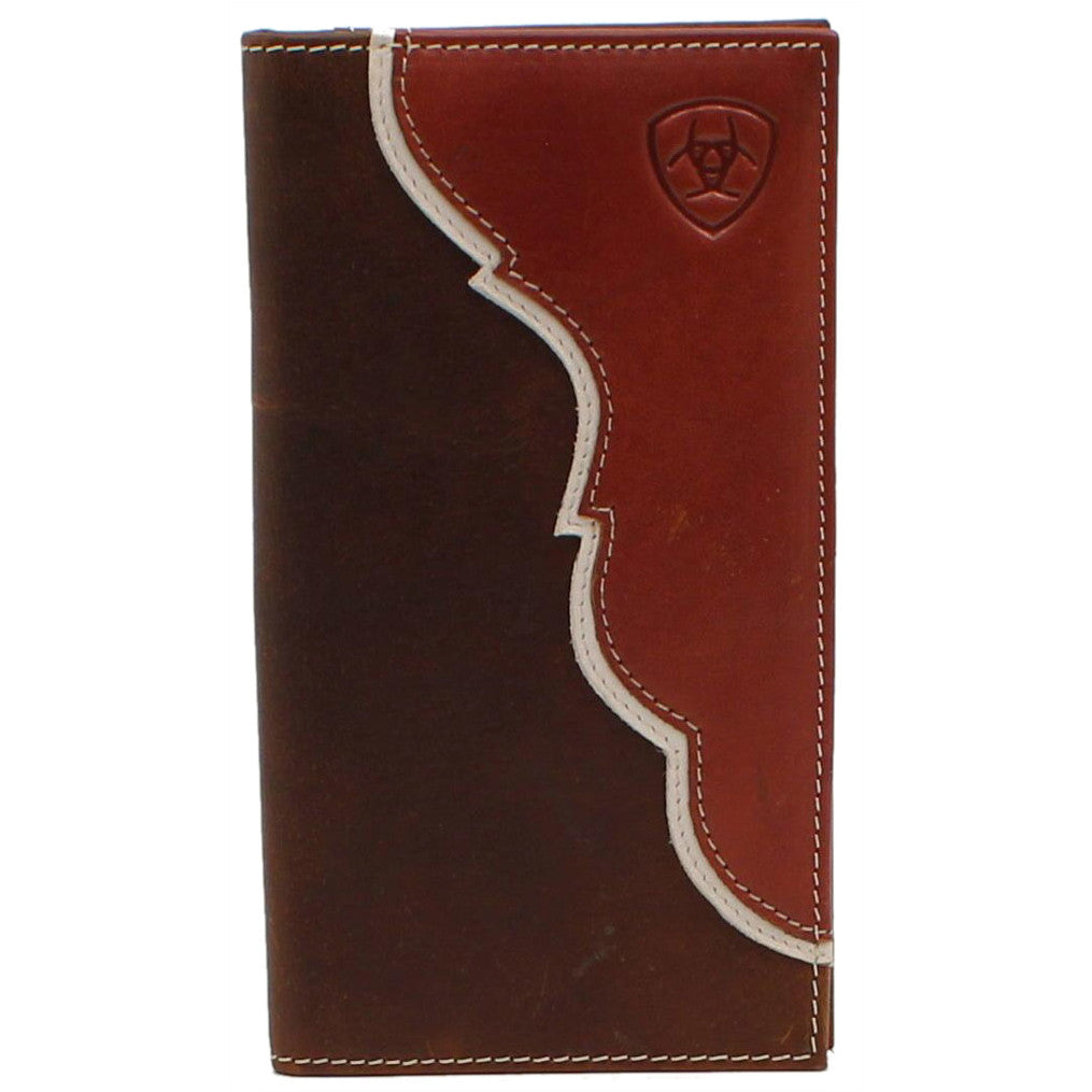 Ariat Mens Overlay Leather Embossed Shield Logo Rodeo Checkbook Wallet, Brown