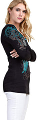 Vocal Womens Cross Wings with Stitches Rhinestone Long Sleeve Top