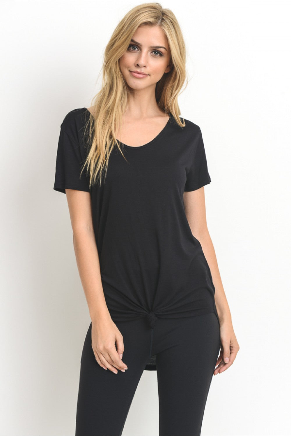 Mono B Womens Essential Tie-Front Wavy Side Short Sleeve Top