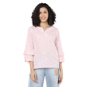 Myra Bags Womens Sasha Bell Sleeve Split Neck Pull Over Blouse, Pink/White