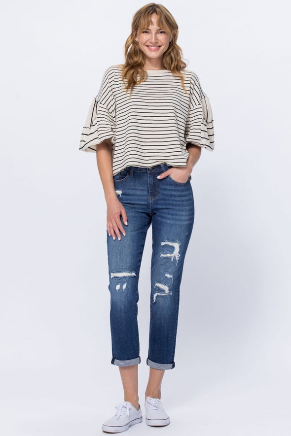 Judy Blue Thermal Patch Mid Rise Destroyed Boyfriend Jean, Medium Blue