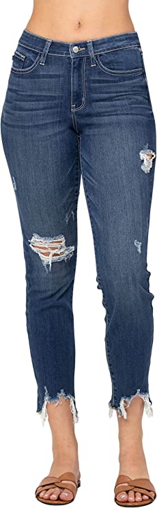 Judy Blue Womens Mid Rise Shark Bite Frayed Hem Slim Fit Jeans