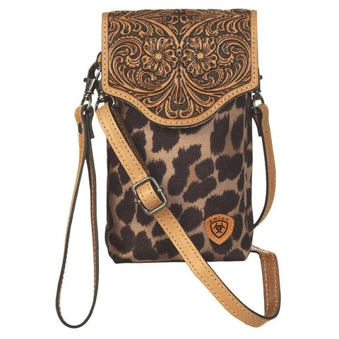 Ariat Womens Tooled Leather Cell Phone Crossbody, Leopard Print