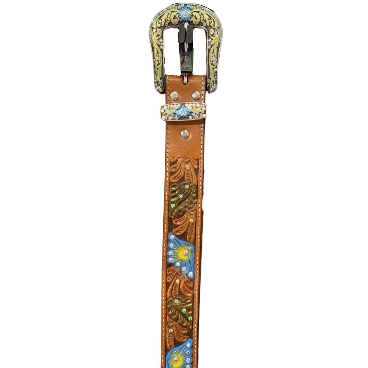 Nocona Womens Blue Flower Embossed Belt with Rhinestones- Small