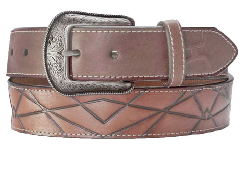 Hooey Mens Western Tooled Geometric Pattern Logo Leather Belt (Brown ,36)
