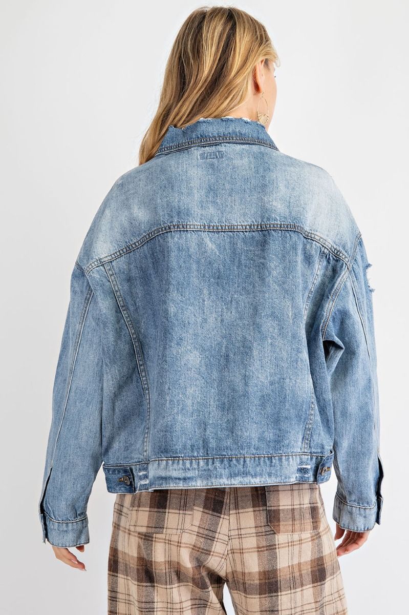 Easel Womens Animal Print Distressed Boyfriend Denim Jacket