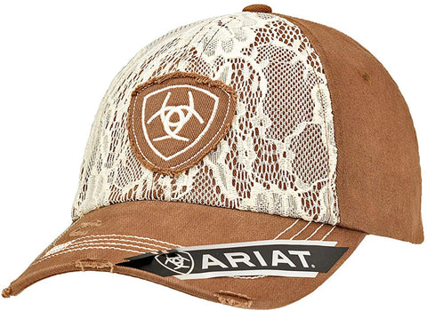 Ariat Womens Brown with Cream Lace Distressed Adjustable Cap Hat