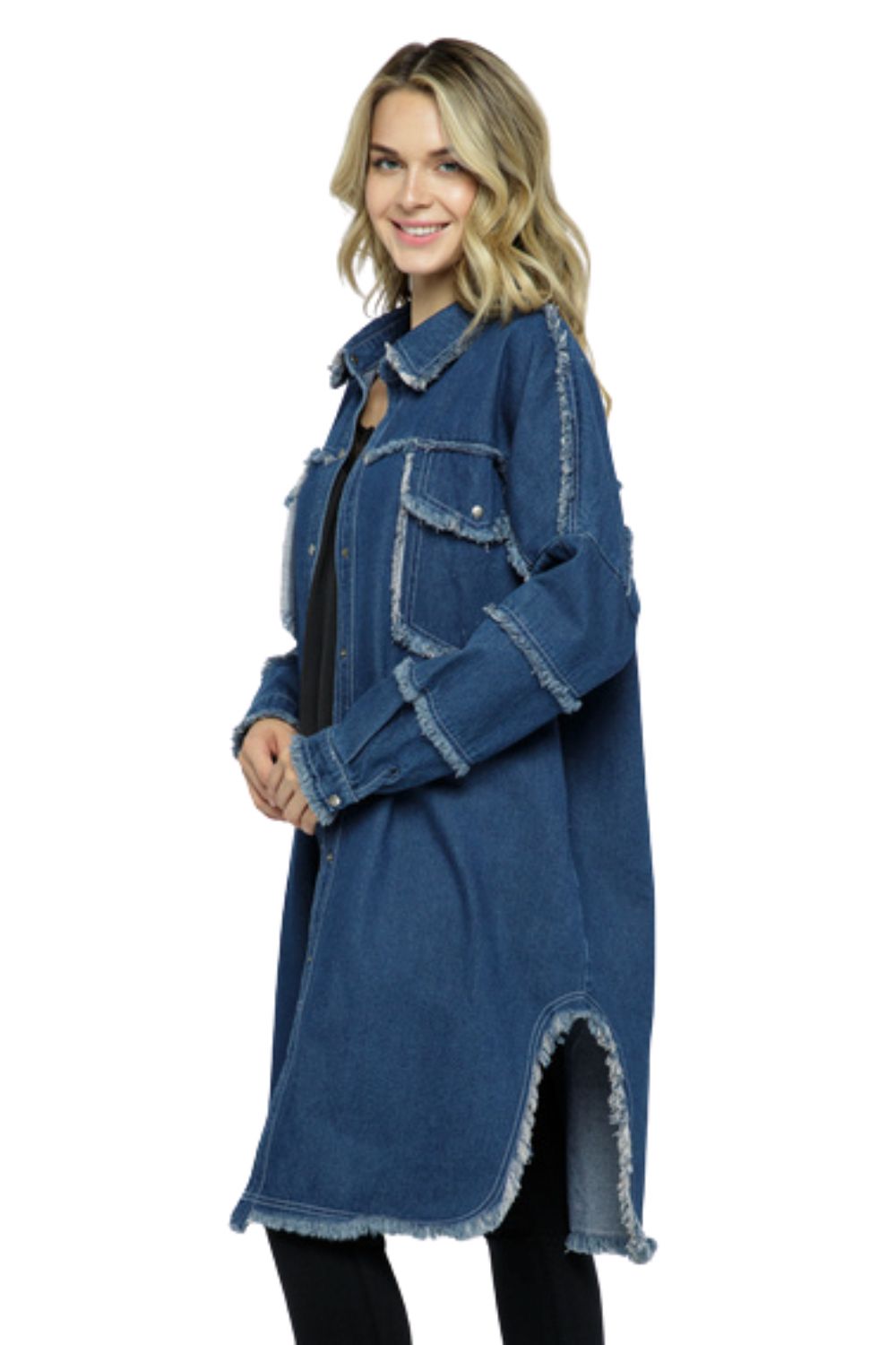 Vocal Apparel Womens Long Length Frayed Denim Jacket