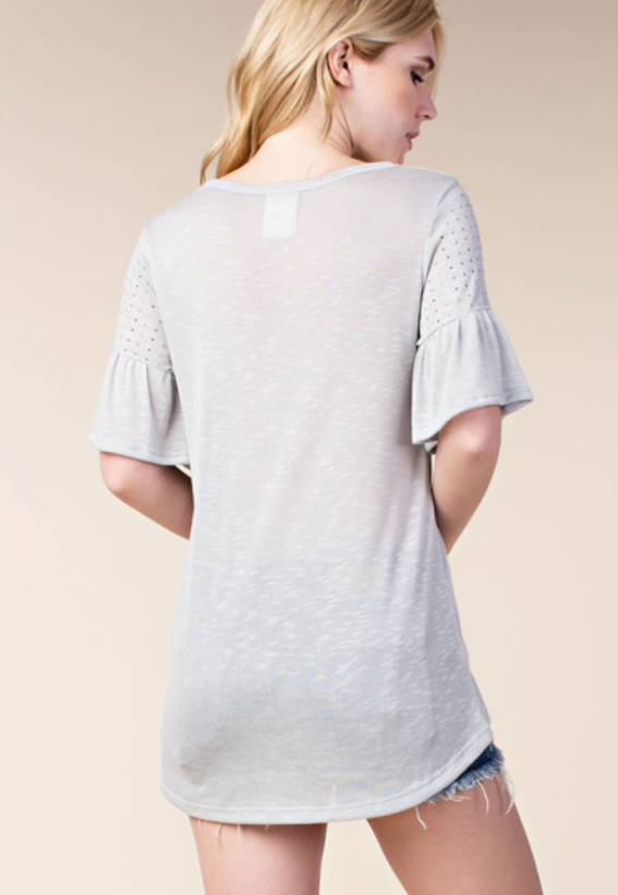 Vocal Womens Semi-Sheer Keyhole Ruffle Short Sleeve Top