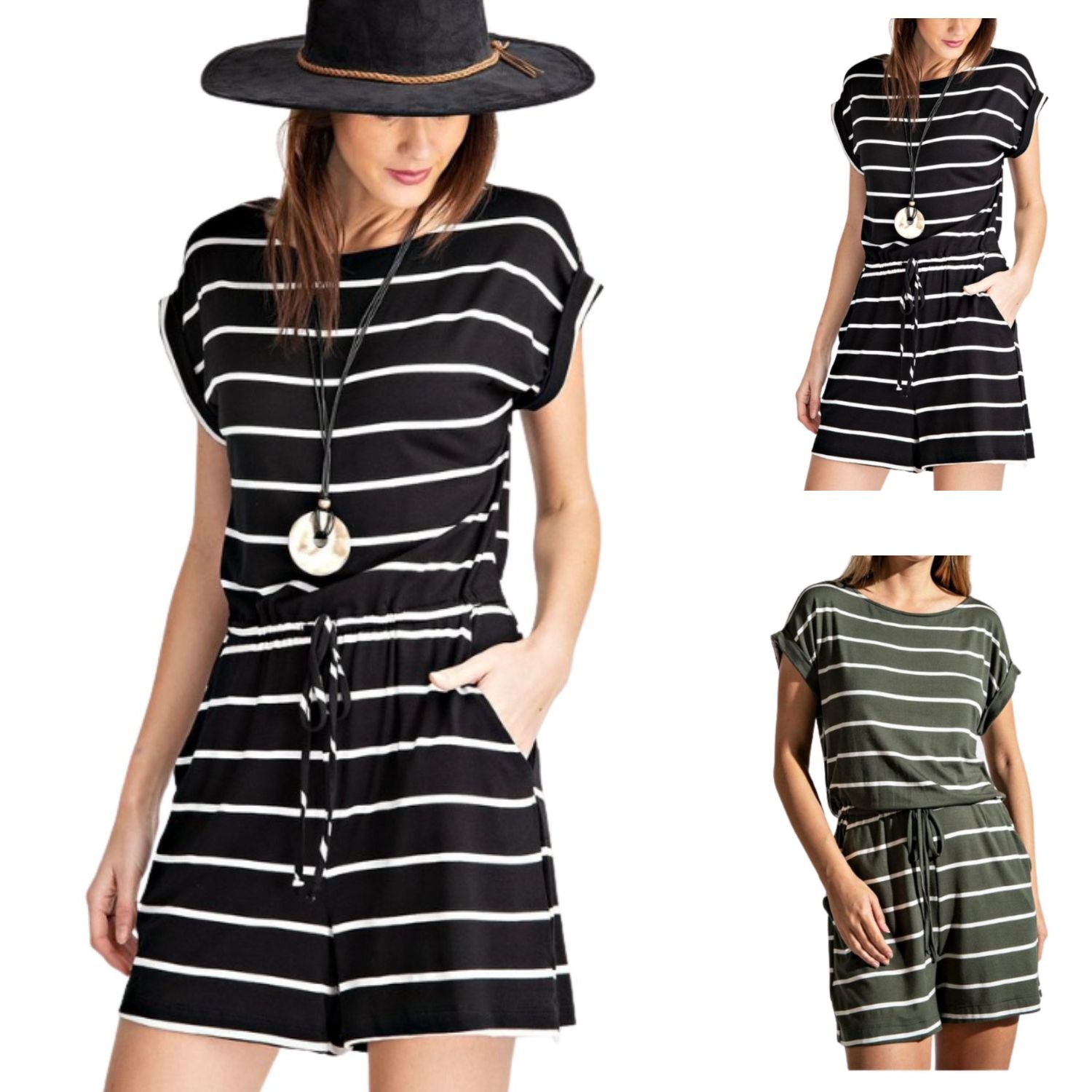 Rae Mode Womens Keyhole Back Short Sleeve Striped Short Jumpsuit