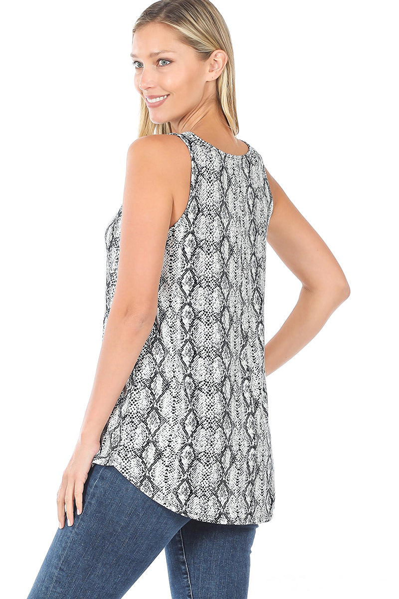 Zenana Womens Snakeskin Print Sleeveless Round Hem Top