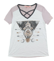 Rebellious One Juniors Crisscross Metallic Tee (Ivory Mauve, Small)