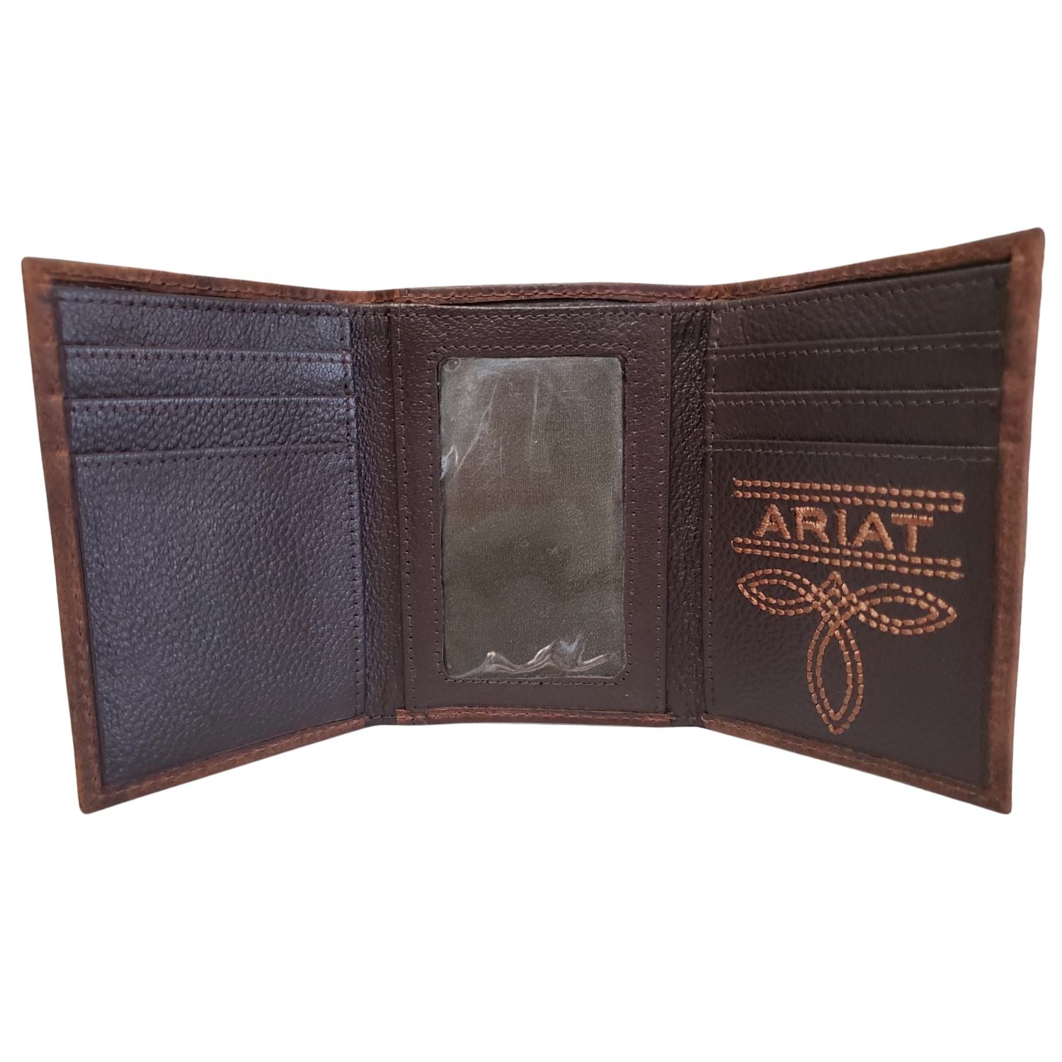 Ariat Mens Pebbled Leather Embossed Shield Logo Trifold Wallet, Brown