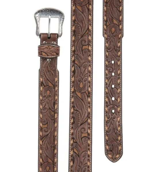 Nocona Mens Brown Genuine Leather Floral with Tan Inlay & Lace Western Belt