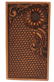 Nocona Mens Floral Basketweave Tooled Leather Rodeo Checkbook Wallet (Tan)