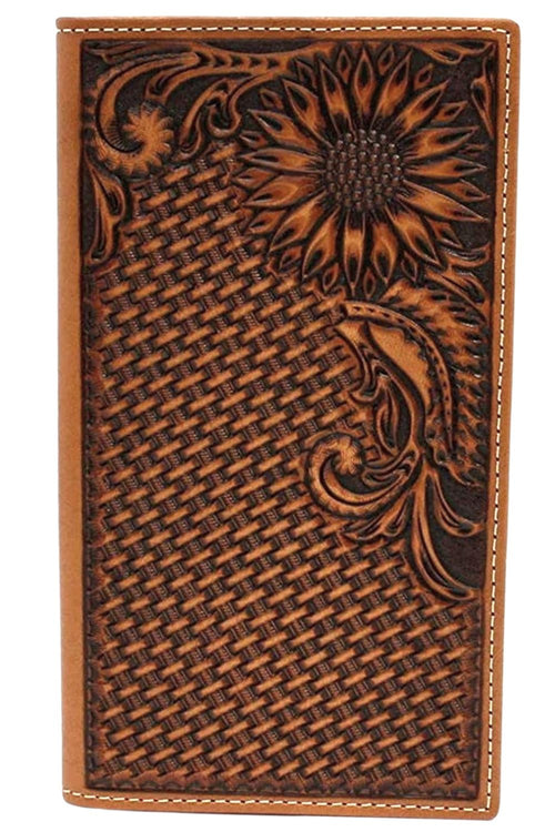 Nocona Mens Floral Basketweave Tooled Leather Rodeo Checkbook Wallet (Tan)