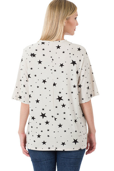 Zenana Womens Star Print Raglan Sleeve Round Neck Tee-Shirt