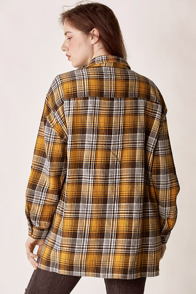 Risen Womens Buffalo Plaid Long Sleeve Oversized Top