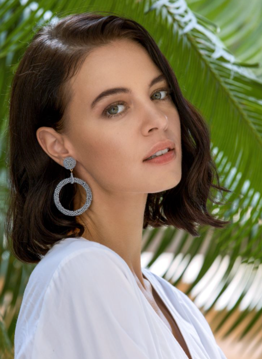 Myra Beaded Dangle Hoops, Grey