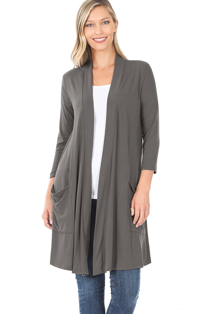 Zenana Womens 3/4 Quarter Sleeve Slouchy Pocket Open Cardigan