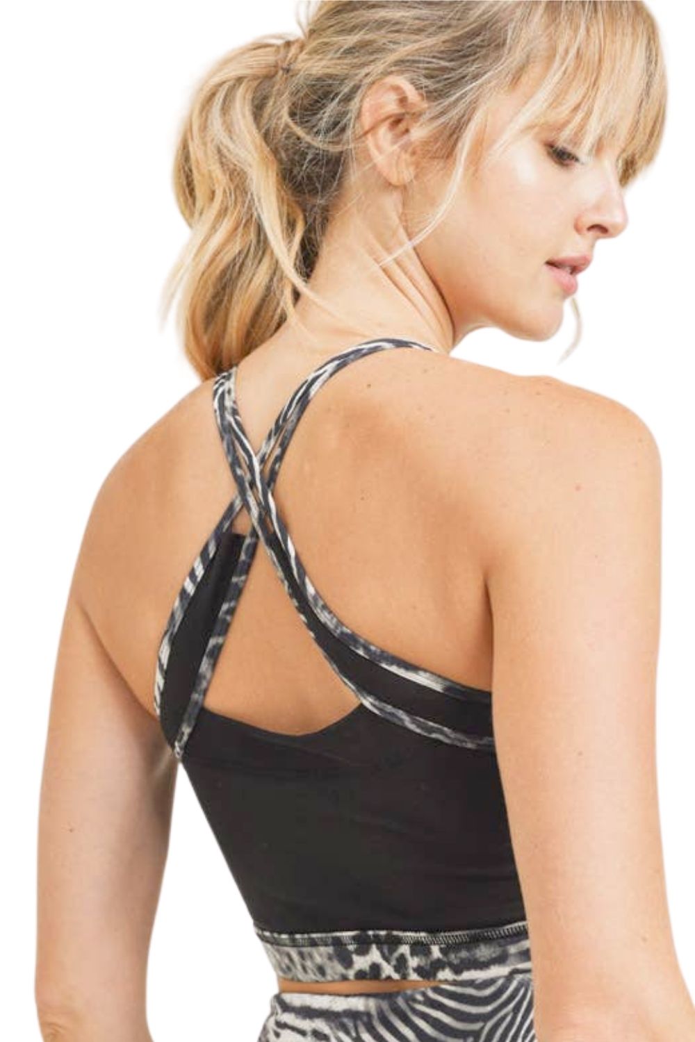 Mono B Womens Block X-Back Sports Bra, Black Safari Print