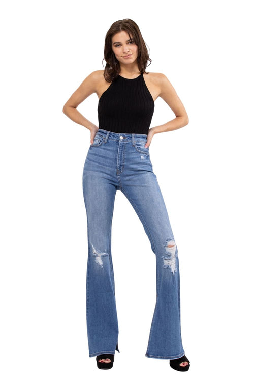 Cello Jeans Womens High Rise Long Inseam Slit Flare Denim Jeans