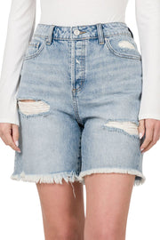 Zenana Womens Frayed Hem Distressed Denim Shorts