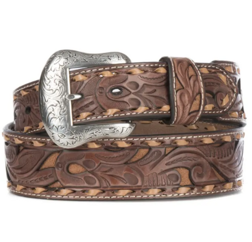 Nocona Mens Brown Genuine Leather Floral with Tan Inlay & Lace Western Belt