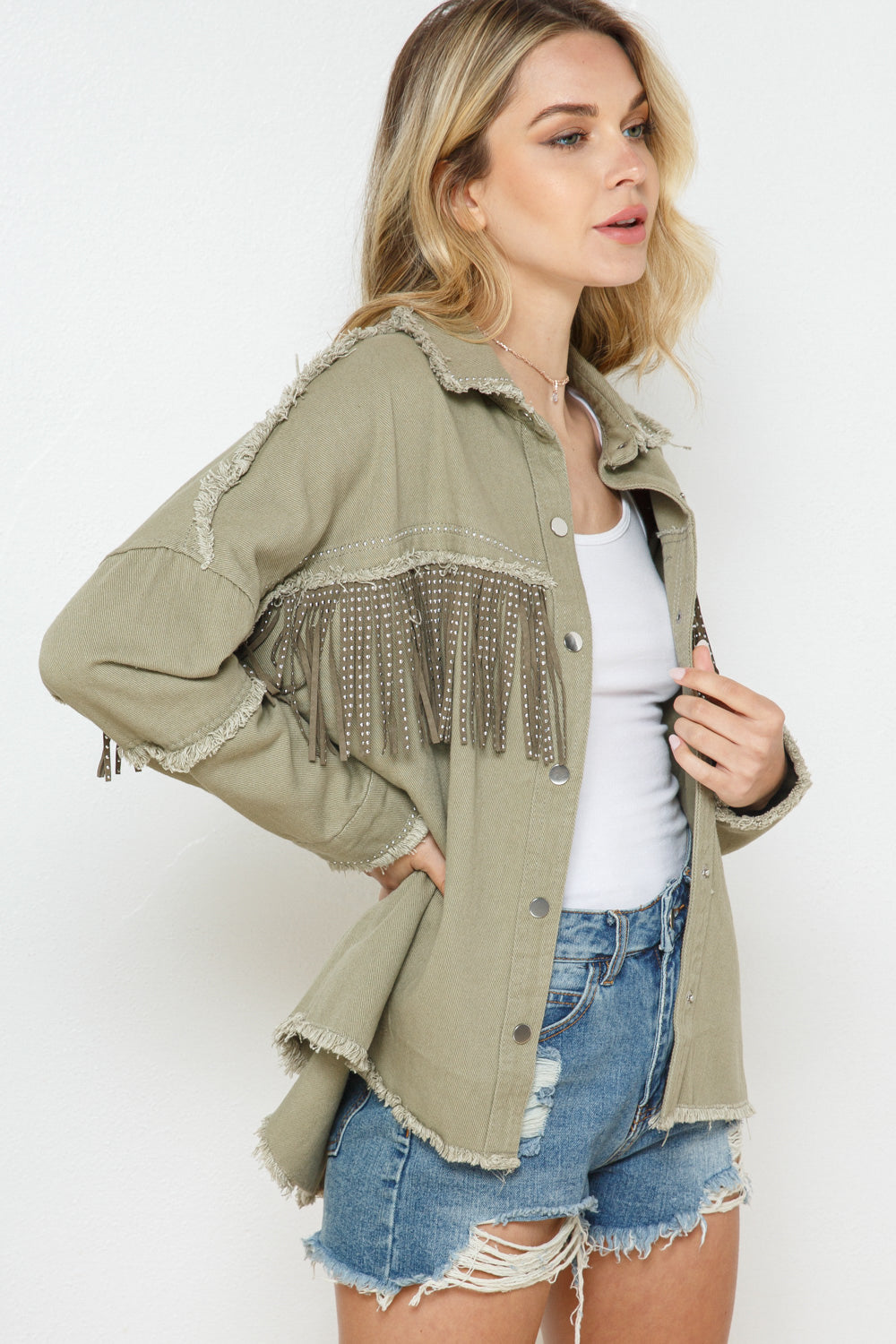 Blue B Womens Studded Fringe Denim Jacket, Shacket