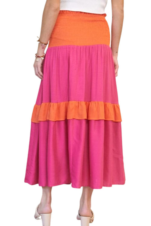 J.NNA Womens Colorblock Smocked Ruffle Maxi Skirt