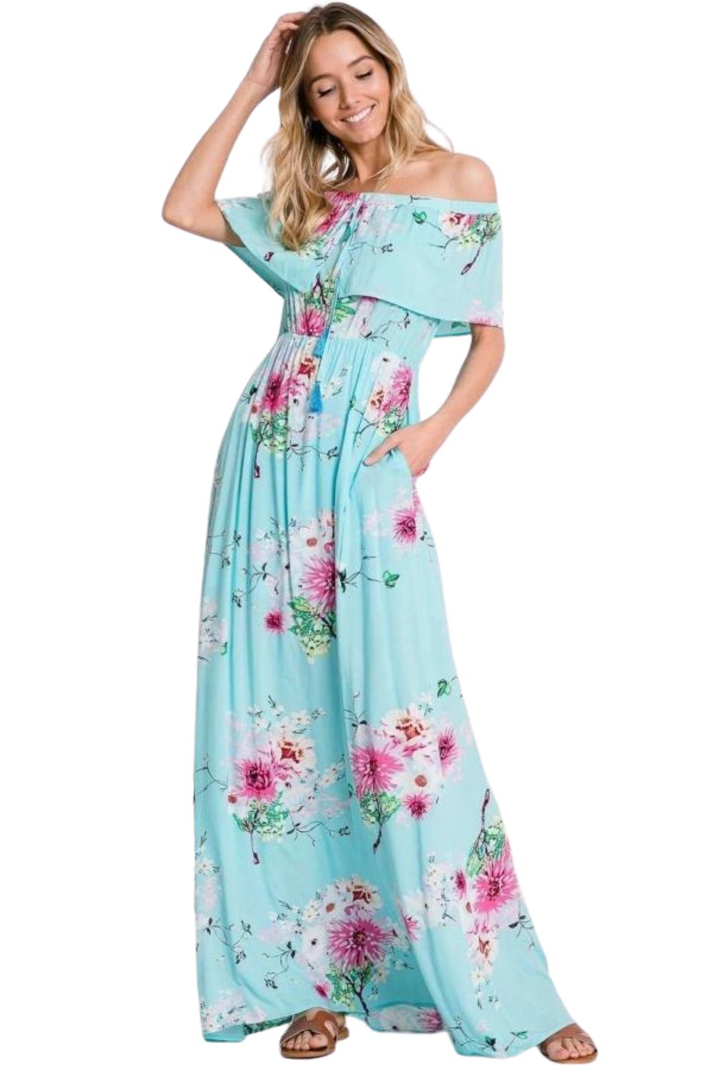 Davi & Dani Womens Floral Print Off Shoulder Maxi Dress