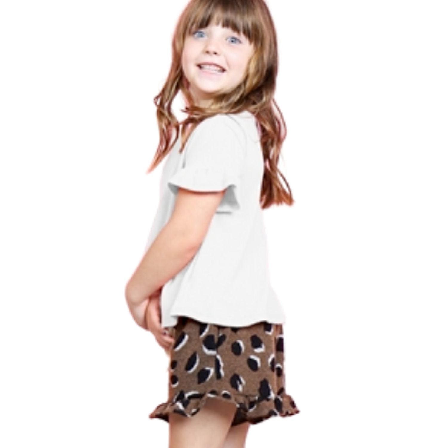 Girls Off White Ruffle Sleeve Top and Leopard Print Short Set