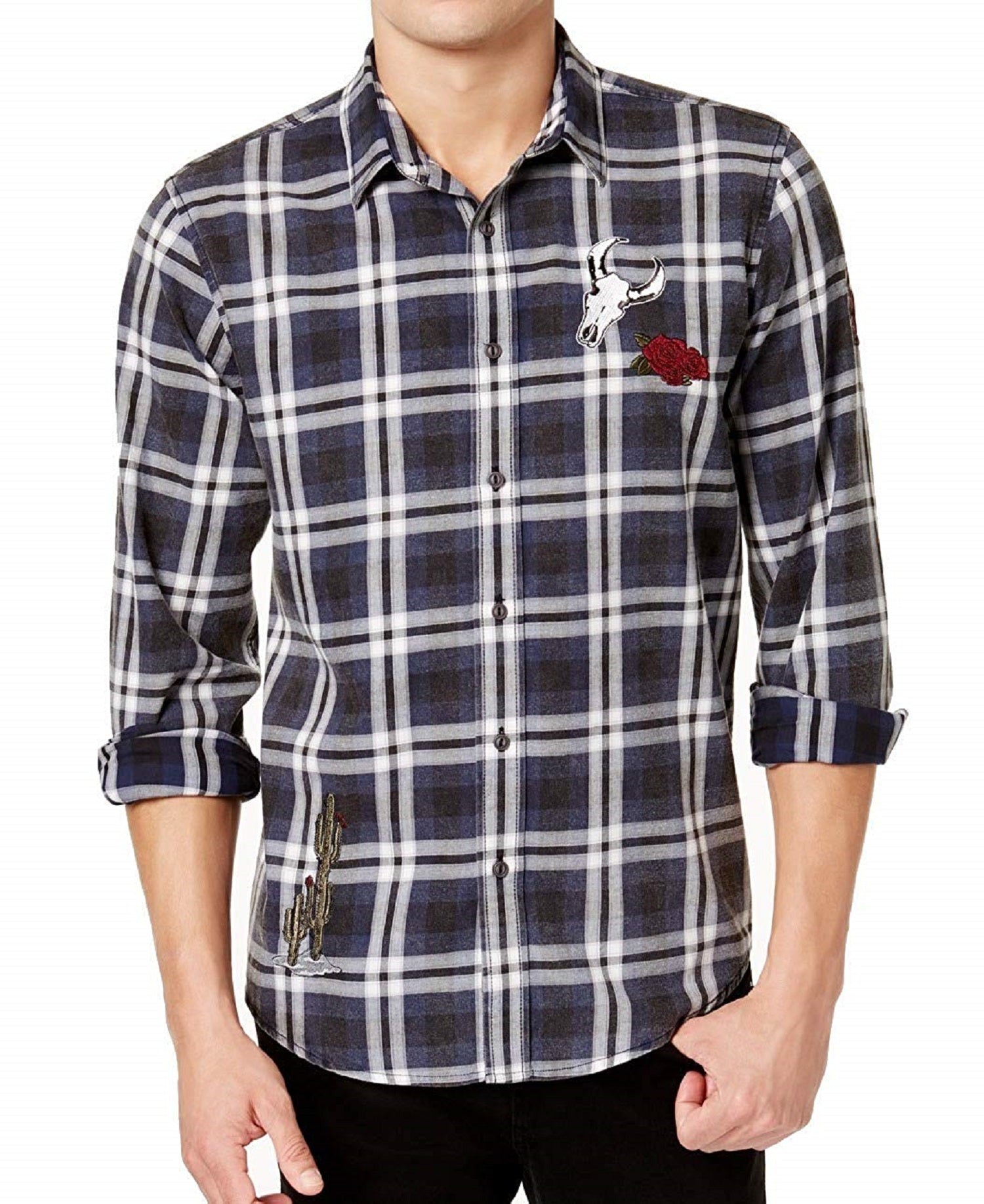American Rag Mens Ramsay Patched Plaid Shirt